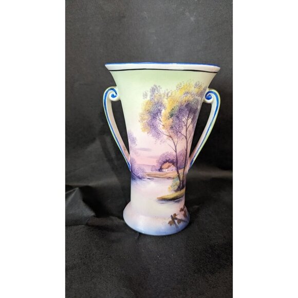vintage Noritake Morimura Brothers Art Nouveau Double Handled Hand Painted Vase - Picture 10 of 13